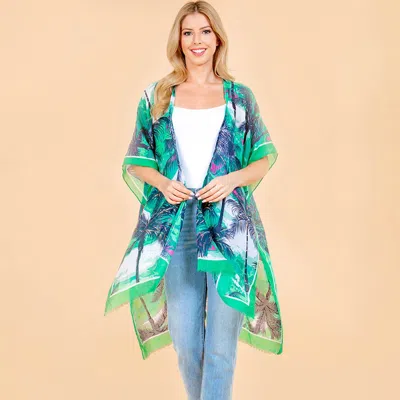 Truedames Palm Tree Leaf Pattern Open Front Kimono Poncho Wrap In Green