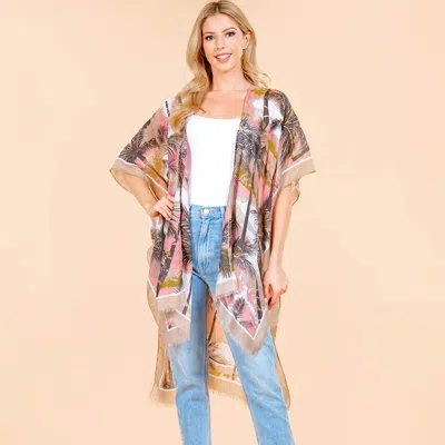 Truedames Palm Tree Leaf Pattern Open Front Kimono Poncho Wrap In Multi