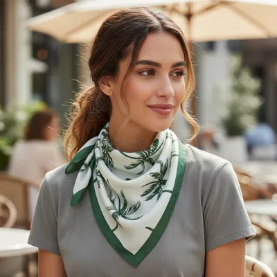 Truedames Palm Tree Pattern Printed Square Silky Satin Bandana Scarf In Burgundy