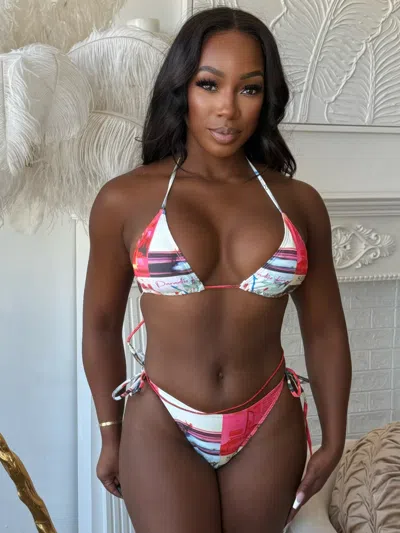 Truedames Paradise Inn Bikini Graphic Print Adjustable Triangle Swim Set In Multi