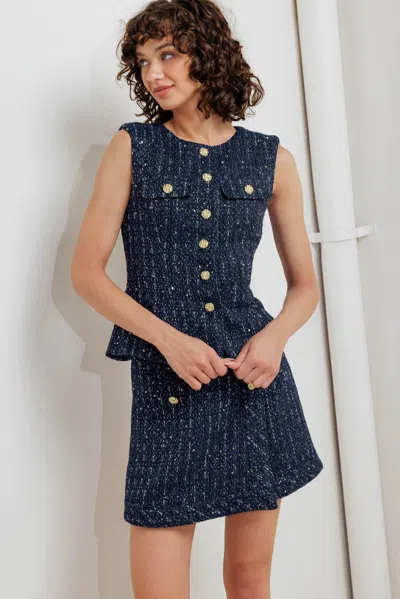 Truedames Parisian Tweed Navy Woven Tweed Vest In Blue