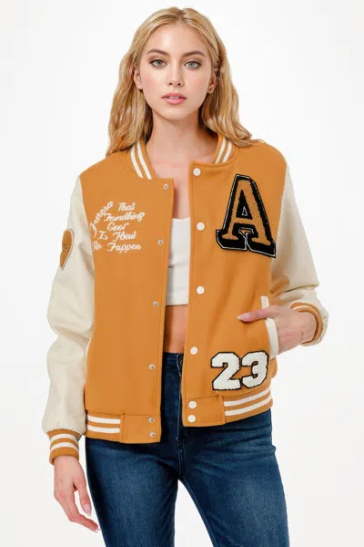 Truedames Patch Varsity Bomber Jacket In Gold