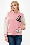 Truedames Patch Varsity Bomber Jacket In Pink
