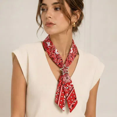 Truedames Patriotic Paisley Pattern Twilly Scarf Star Clip Set In Red