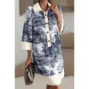 Truedames Pattern Stand Collar Front Button Loose Dress In Blue
