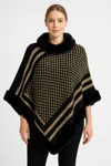 Truedames Patterned Knit Poncho With Faux Fur Trim In Black