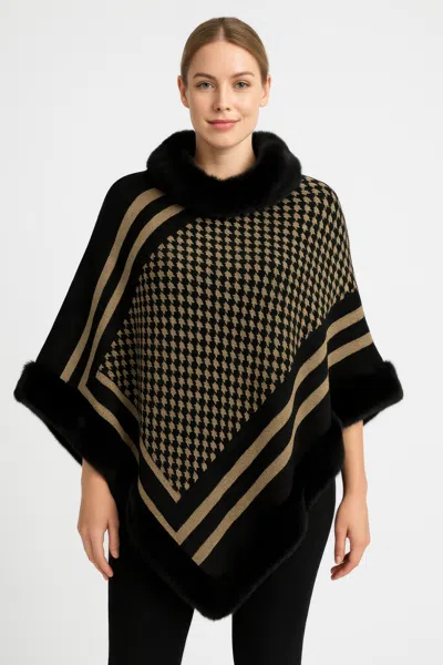 Truedames Patterned Knit Poncho With Faux Fur Trim In Black