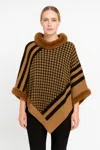 Truedames Patterned Knit Poncho With Faux Fur Trim In Brown