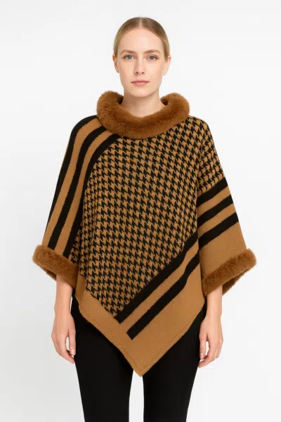 Truedames Patterned Knit Poncho With Faux Fur Trim In Brown