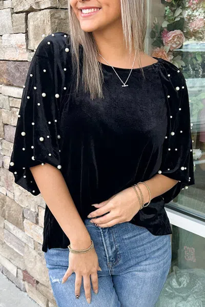 Truedames Pearl Beaded Half Sleeve Velvet Top In Black