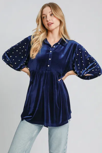 Truedames Pearl Detail Collared Neck Velvet Babydoll Blouse In Blue