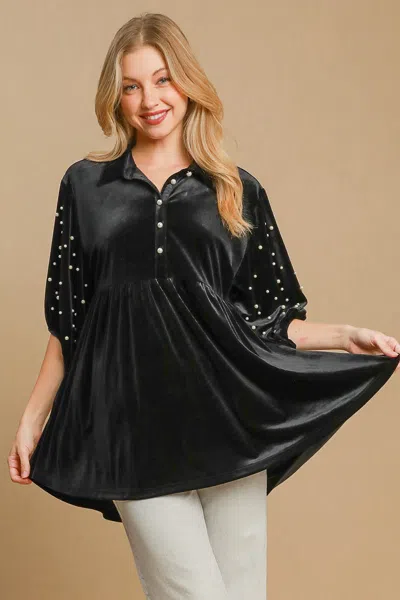 Truedames Pearl Detail Half Sleeve Velvet Babydoll Blouse In Black