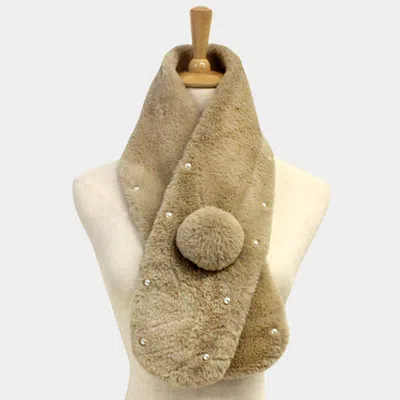Truedames Pearl Embellished Faux Fur Pom Pom Pull Through Scarf In Brown