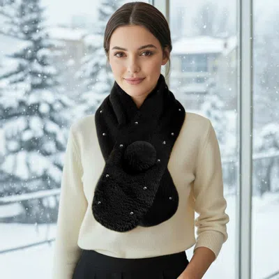 Truedames Pearl Embellished Faux Fur Pom Pom Pull Through Scarf In Burgundy