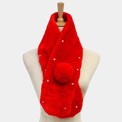 Truedames Pearl Embellished Faux Fur Pom Pom Pull Through Scarf In Red