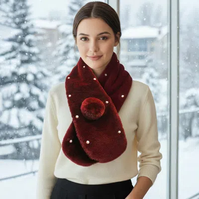 Truedames Pearl Embellished Faux Fur Pom Pom Pull Through Scarf In Red