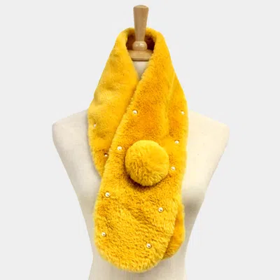 Truedames Pearl Embellished Faux Fur Pom Pom Pull Through Scarf In Yellow