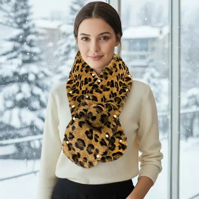 Truedames Pearl Embellished Leopard Patterned Faux Fur Pom Pom Pull Through Scarf In White