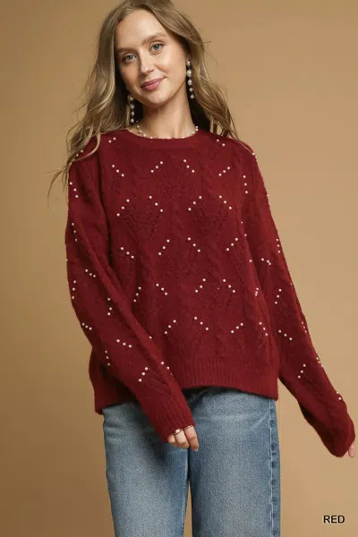 Truedames Pearl-embellished Long Sleeve Sweater In Red