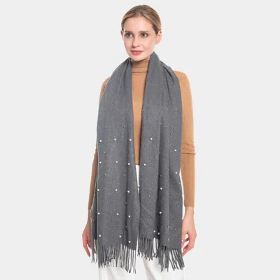 Truedames Pearl Embellished Solid Fringe Oblong Scarf In Gray