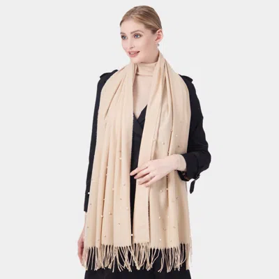 Truedames Pearl Embellished Solid Fringe Oblong Scarf In Sand
