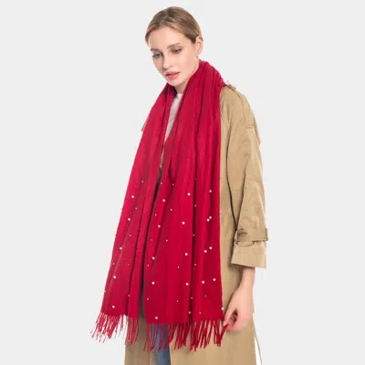 Truedames Pearl Embellished Solid Fringe Oblong Scarf In White