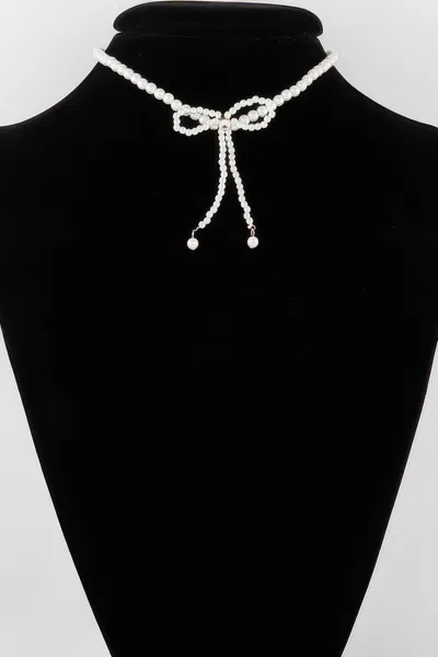 Truedames Pearled Ribbon Tie Necklace In Silver