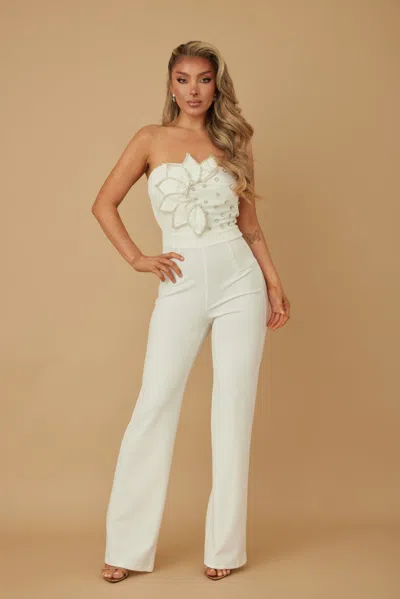 Truedames Petal Layer Flap With Rhinestones Jumpsuit In White