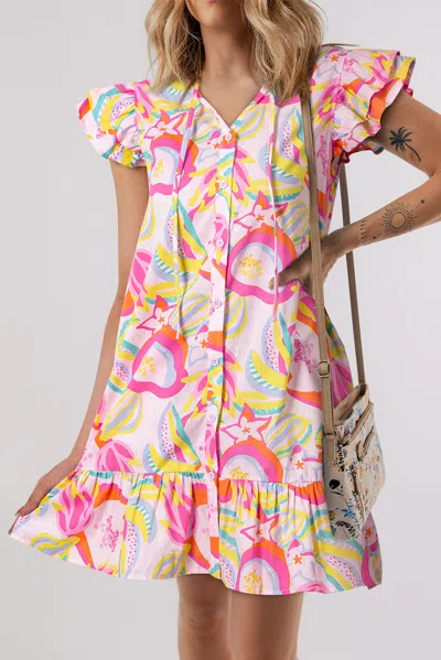 Truedames Pink Abstract Floral Ruffle Trim Flutter Sleeve Buttoned Dress