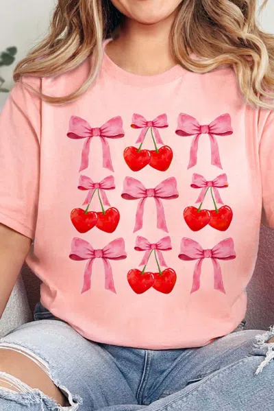 Truedames Pink Bow Cherry Print Crew Neck Casual T Shirt In Brown
