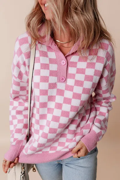 Truedames Pink Checkered Buttons Collar V Neck Drop Shoulder Sweater