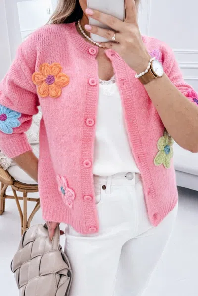 Truedames Pink Cute Knitted Floral Pattern Button Up Cardigan
