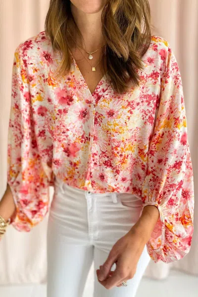 Truedames Pink Ditsy Floral Bubble Sleeve V Neck Blouse