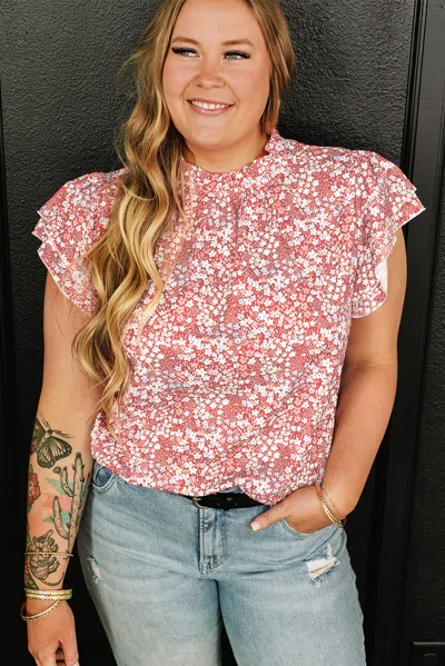 Truedames Pink Plus Size Floral Print Ruffled Sleeve Frilled Neck Blouse