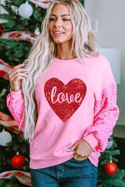 Truedames Pink Shiny Heart Shape Love Print Sequined Sleeve Sweatshirt