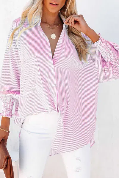 Truedames Pink Smocked Cuffed Striped Boyfriend Shirt With Pocket