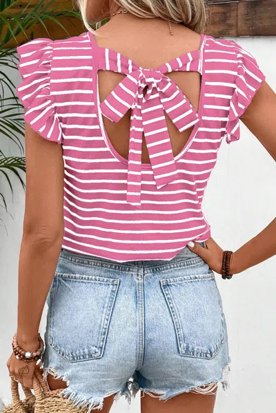 Truedames Pink Stripe Butterfly Sleeve V Neck Hollowed Knot Back T Shirt In Multi