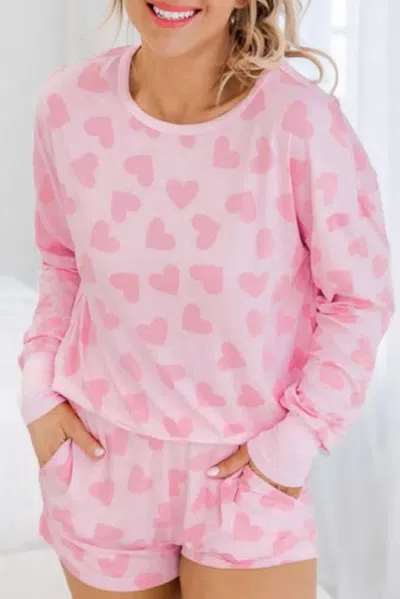 Truedames Pink Valentine Heart Shape Print Long Sleeve Top Shorts Lounge Set