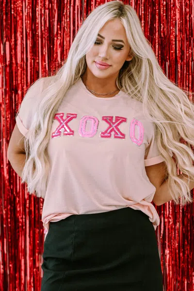 Truedames Pink Valentines Shiny Xoxo Graphic T-shirt In Nude