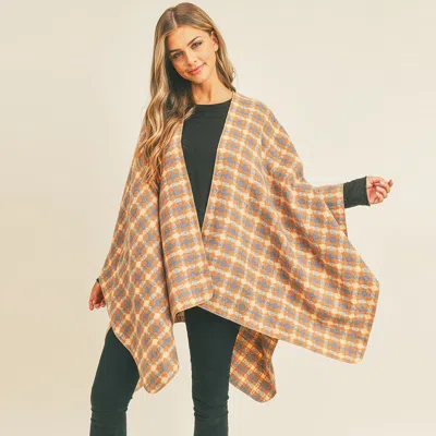 Truedames Plaid Check Pattern Ruana Poncho In Yellow
