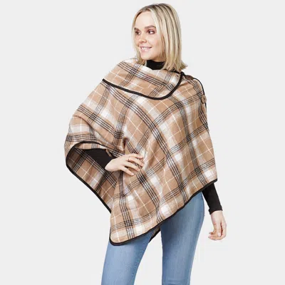 Truedames Plaid Check Patterned Coconut Button Poncho In Beige