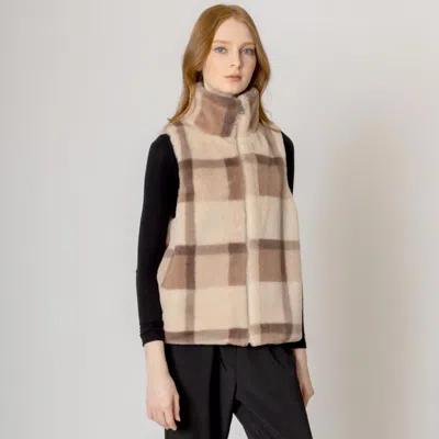 Truedames Plaid Check Patterned Faux Fur Vest In Beige