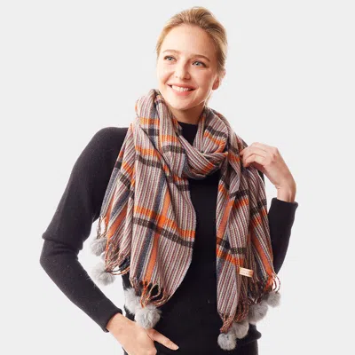 Truedames Plaid Check Patterned Pom Pom Oblong Scarf In Gray