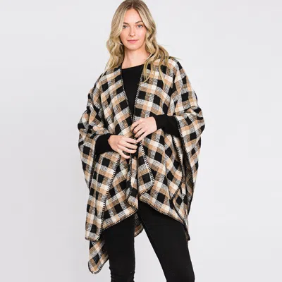 Truedames Plaid Check Patterned Ruana Poncho In Black