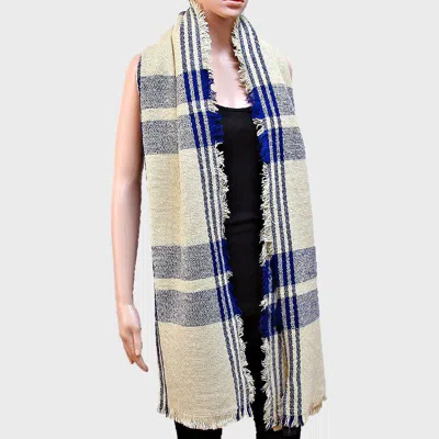 Truedames Plaid Check Shawl Scarf With Raw Fringe Trim In Blue