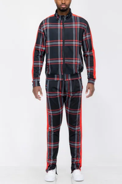 Truedames Plaid Checkered Full Zip Track Pants In Red