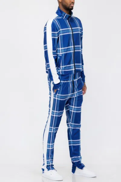 Truedames Plaid Checkered Full Zip Track Pants In Blue