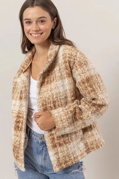 Truedames Plaid Collared Neck Boucle Jacket With Pockets In Brown