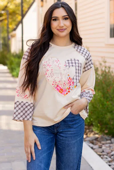 Truedames Plaid Floral Peace Heart Graphic Wide Long Sleeve Top In Neutral
