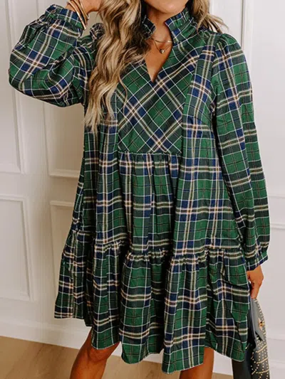 Truedames Plaid Frilly Collar Long Sleeve Shift Mini Dress In Green